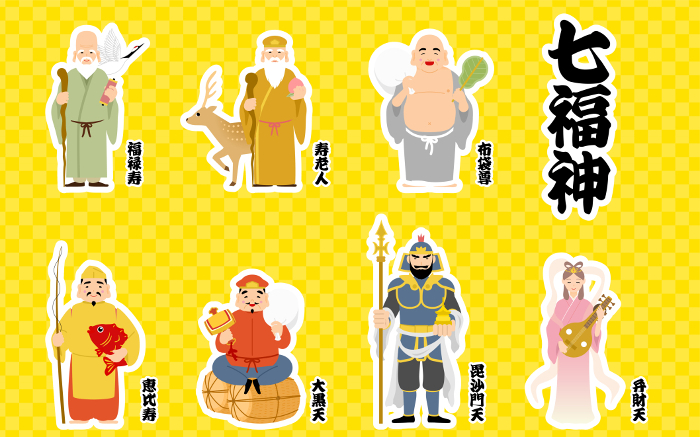 Seven Deities of Good Fortune with sticker-style border: Ebisu, Daikokuten, Bishamonten, Benzaiten, Fukurokuju, Jurojin, Hotei, Hotei