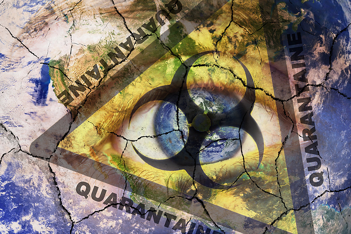 Coronavirus global Pandemic outbreak and quarantine concept. Creative composite of of woman face with cracked World map painted, and biohazard symbol, with the text Quarantaine in French language. Coronavirus global Pandemic outbreak and quarantine concept. Creative composite of of woman face with cracked World map painted, and biohazard symbol, with the text Quarantaine in French language.