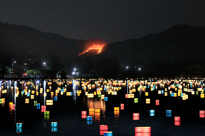 Torii Torch and Lantern Floating at Hirosawa Pond Kyoto Pref. One of the Kyoto Gozan Bonfires  held on August 16 