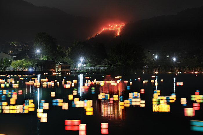 Torii Torch and Lantern Floating at Hirosawa Pond Kyoto Pref. One of the Kyoto Gozan Bonfires  held on August 16 