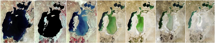 Aral Sea  1973 2009  Aral sea, 1973   2009, satellite image. North is at top. This inland lake is found between Uzbekistan  west  and Kazakhstan  east  and used to be the fourth largest lake in the world. Images taken by satellite, from left to right, 1973, 1987, 1999, 2001, 2004, 2007 and 2009. Since the 1960s, it has lost more than half of its volume. This is due to overuse of the feeder rivers  the Syr Darya and Amu Darya  in irrigation of cotton and paddy fields.