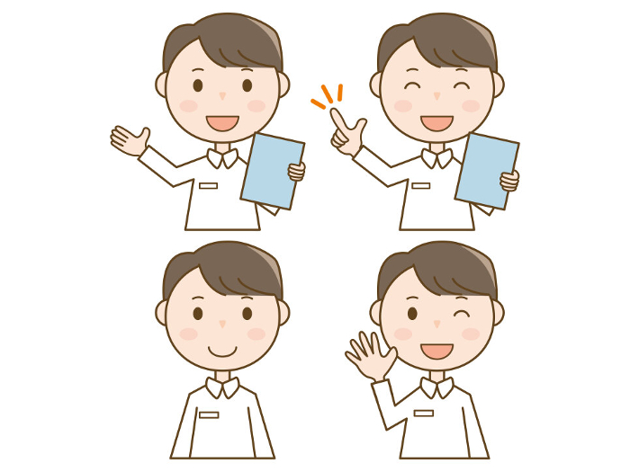 Greetings_doctor_explaining_points_nurse_man_in_white_coat_illustration_set_of_4_poses