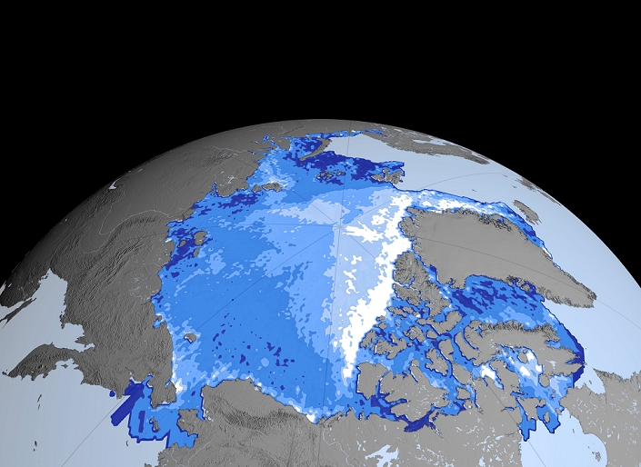 Winter Arctic sea ice thickness, 2005 Winter Arctic sea ice thickness, 2005. This image is part of a sequence showing the change in Arctic sea ice thickness from 2003 to 2008. While the extent of sea ice might not change as rapidly, the changes in thickness can be much greater. The thickness scale is shades of blue from zero metres of ice  dark blue  to five metres  white . The image for 2008 shows large thinning of ice over and near the North Pole. In addition, thicker multi year ice is being replaced by thinner ice that melts and reforms each year. The data for these images were obtained by NASA s Ice, Cloud and land Elevation Satellite  ICESat .