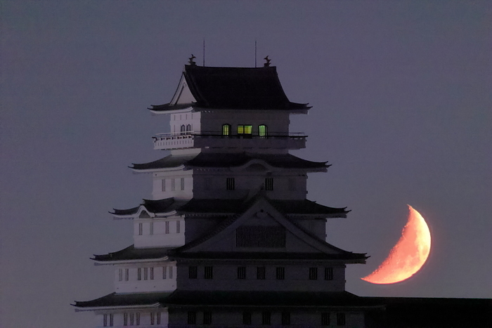 Moonset and Toyoda Castle Ibaraki Pref.