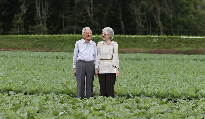 The Emperor and Empress strolling through the vegetable fields of the Ohinata Settlement The emperor and his wife stroll through a vegetable field in the Ohinata Settlement, Karuizawa, Nagano, Japan, Aug. 23, 2023, 10:29 a.m.  Representative photo 