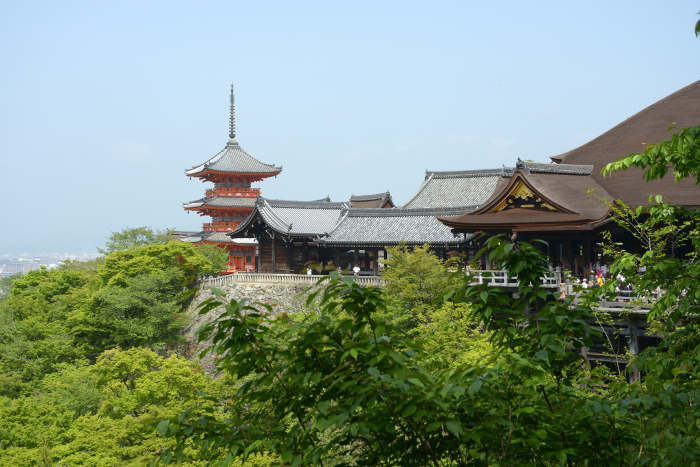 Kiyomizu-dera Temple in fresh green, distant view of the three-storied pagoda and the main hall, Higashiyama-ku, Kyoto