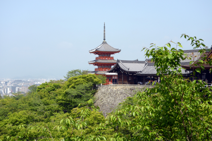 Kiyomizu Temple in fresh green, distant view of the three-storied pagoda, Higashiyama-ku, Kyoto