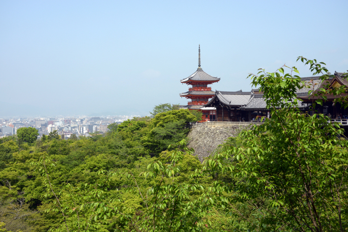 Kiyomizu Temple in fresh green, distant view of the three-storied pagoda, Higashiyama-ku, Kyoto