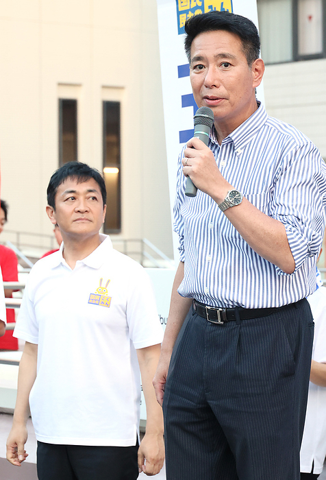 Opposition Democratic Party for the People leadership candidates leadership election campaign August 24, 2023, Saitama, Japan   Acting leader of the Democratic Party for the People  DPFP  and former Foreign Minister Seiji Maehara  R  delivers a campaign speech for the party s leadership election while leader of the party Yuichiro Tamaki  L  looks on in Saitama, suburban Tokyo on Thursday, August 24, 2023. The election of the opposition DPFP will be held on September 2.    photo by Yoshio Tsunoda AFLO 