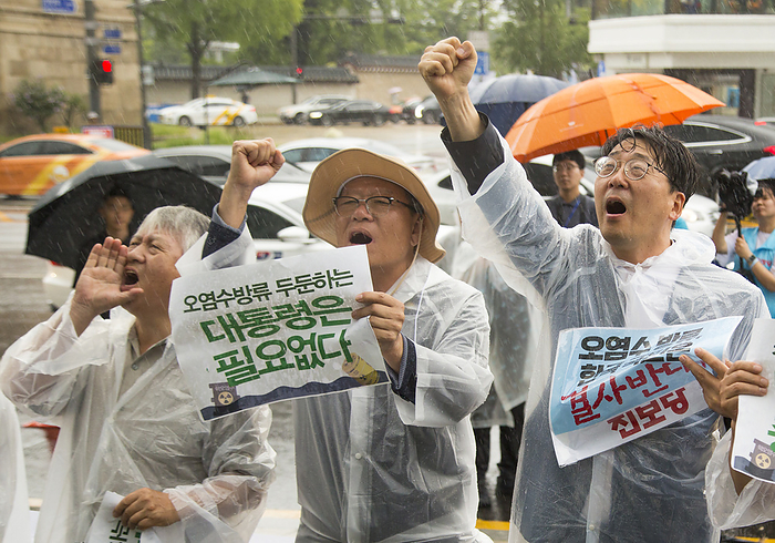 Protest in Seoul against Japan to release treated radioactive water from Fukushima plant Protest against Japanese government, Aug 23, 2023 : Kang Sung Hee  R , a lawmaker of the minor progressive Jinbo Party and activists from civic groups participate in a protest to denounce Japan s decision to discharge nuclear contaminated water from the crippled Fukushima nuclear power plant into the Pacific Ocean, in front of the Japanese embassy in Seoul, South Korea. Pickets read,  South Koreans desperately oppose to Japan s release of nuclear contaminated water into the ocean    R  and  We don t need  South Korean  President who speaks up for Japan s release of nuclear contaminated water into the ocean .  Photo by Lee Jae Won AFLO   SOUTH KOREA 