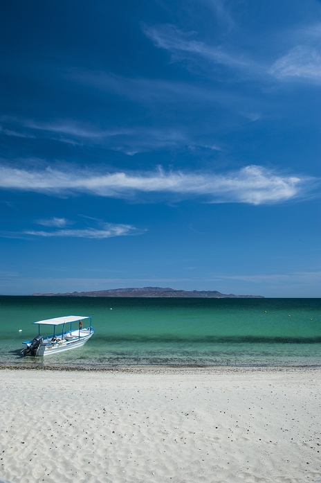 Mexico Boat on Playa Tecolote with Isla Espiritu Santo in the background, Baja California, Mexico, North America