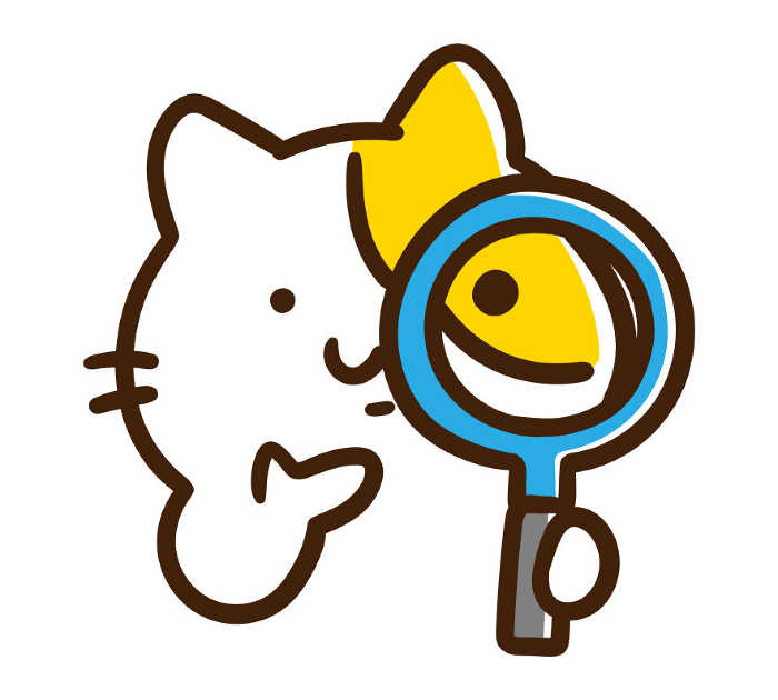 Deformed illustration of a cute cat character observing and discussing using a magnifying glass.