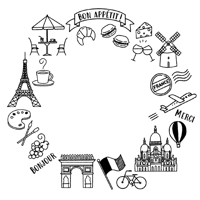 Simple and cute illustration frame about France (monochrome)