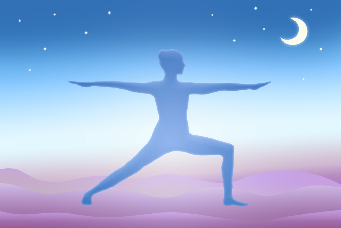 Illustration of a silhouette of a person in yoga warrior pose on a moonlit night