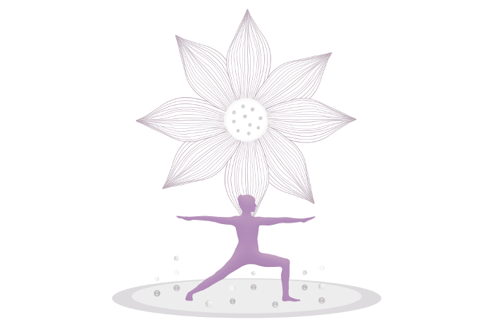 Clip art of lotus flower and silhouette of a person in yoga warrior pose