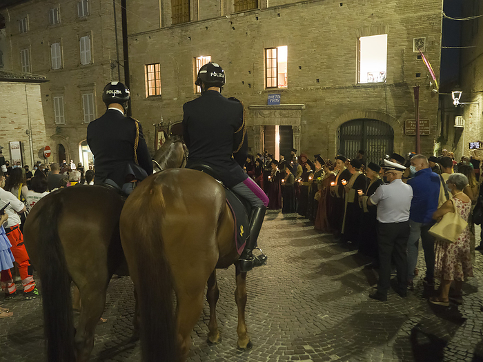Mounted Italian police attending the Cavalcata dell'Assunta historical re-enactment; Fermo, Marche, Italy, by Renzo Frontoni / Design Pics