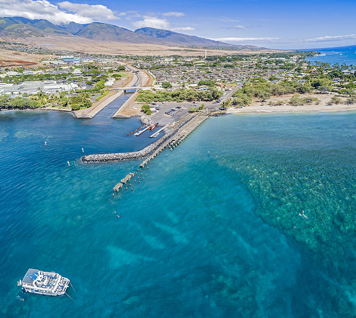 Aerial view of Mala Wharf in the north side of Lahaina town, Maui, Hawaii, USA. This is a popular snorkle and diving destination; Lahaina, Hawaii, United States of America, by Dave Fleetham / Design Pics