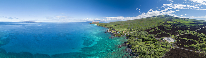 Drone view of Ahihi Bay and the coastline of Maui, with a view of Lanai, Molokai and Molokini Crater in the distance, Hawaii, USA; Maui, Hawaii, United States of America, by Living Moments Media / Design Pics