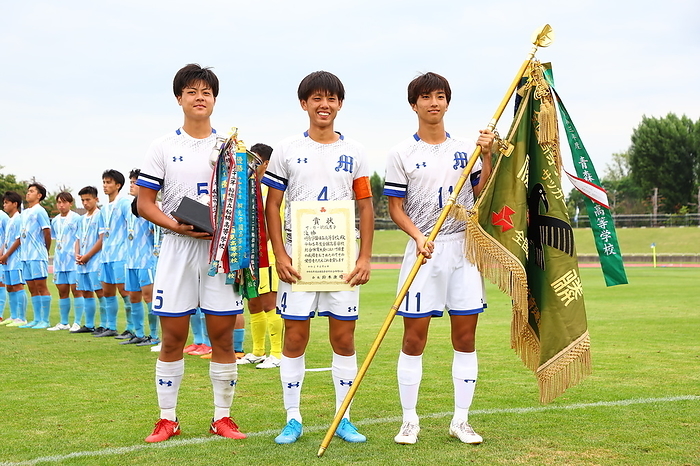 2023 All Japan Inter High School Championships Men s Football Final match Meishu Hitachi players pose with the trophy after winning the 2023 All Japan Inter High School Championships Men s Football Final match between Toko Gakuen 2 6 7 2 Meishu Gakuen Hitachi at Hanasaki Sports Park in Hokkaido, Japan, August 4, 2023.  Photo by JFA AFLO 