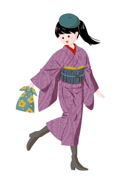 Woman in kimono, purple kimono, beret, and long boots in a Japanese-Western mix of coordinates