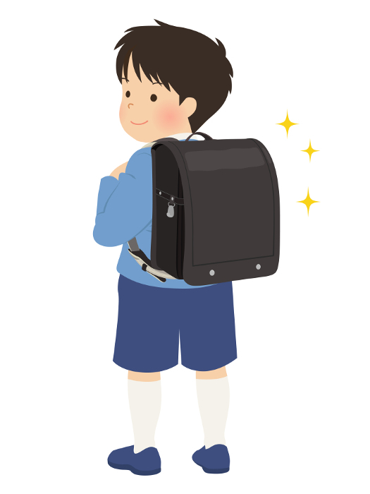 New first grade boy with school bag (back view)
