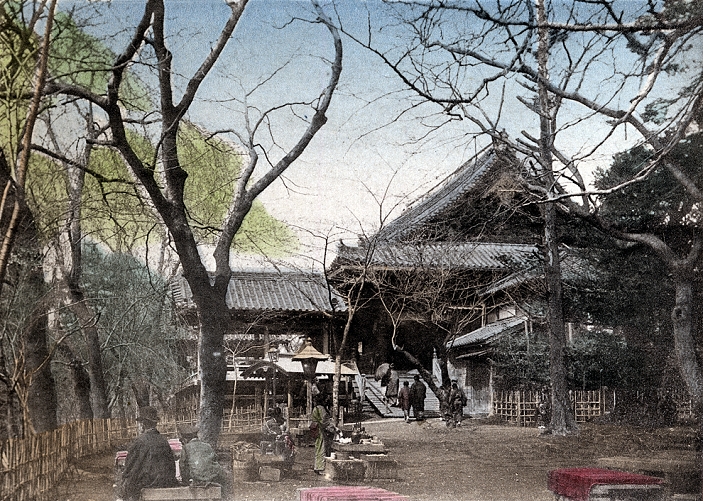 Ueno Park  1895  The Kiyomizu Kannon do Temple  in Ueno Park, Tokyo. The temple, built in 1631, enshrines Kosodate Kannon, protectress of childbearing and child raising. Women offer dolls to the temple as symbols of their children. The temple still exists and is one of the oldest temples in Tokyo.   This image was published in 1895  Meiji 28  by Kazumasa Ogawa in Scenes of the Eastern Capital of Japan. Meiji 1890s