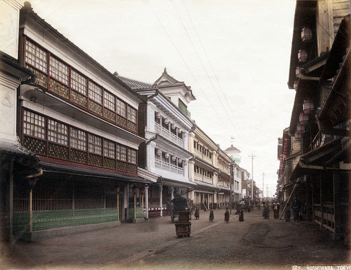 Yoshiwara  1890s  Three story wooden brothels in Nakanocho in the prostitution and entertainment district of Yoshiwara in Tokyo. See blog entry: http:  oldphotosjapan.com en photos 275 yoshiwara brothels Meiji 1890s