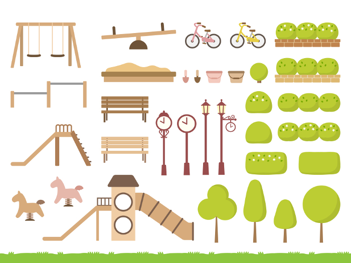Illustration set of objects in the park, natural color playground equipment and trees and flower beds