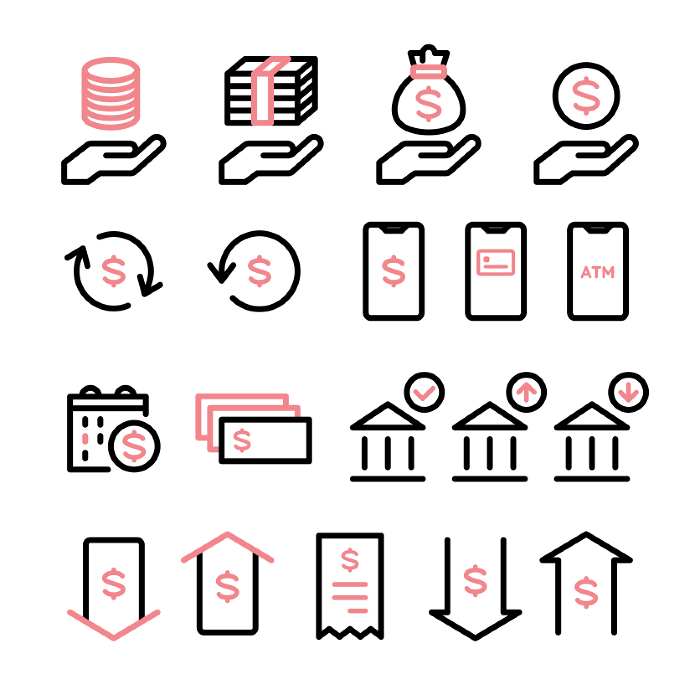 Icon set of money, banknotes, coins, payment, investment, accounting, currency, e-money, household, finance