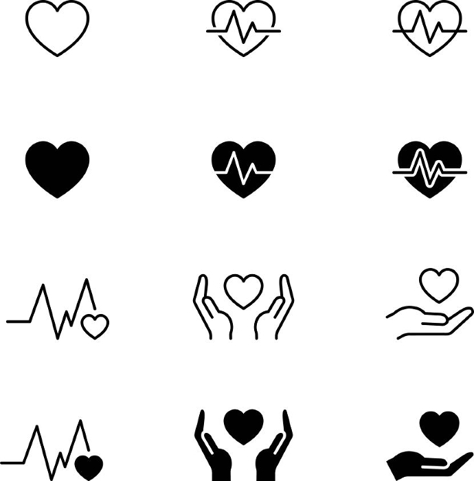 Monochrome hand and heart icon set