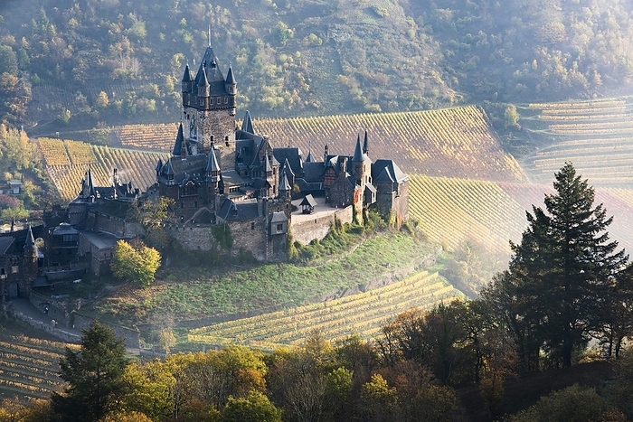 Cochem Castle Germany View of the Reichsburg Cochem in the Moselle valley in autumn, Cochem, Rhineland Palatinate, Germany, Europe
