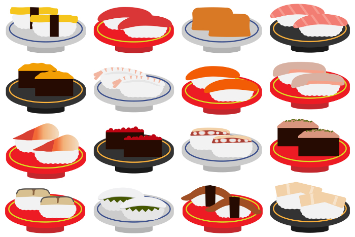 Illustration set of sushi on various plates