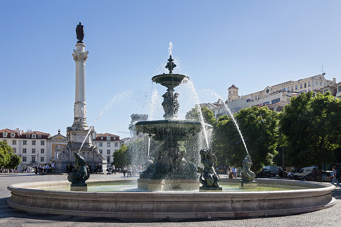 Rossio Square, fountain, statue Pedro IV, Column of Pedro IV Fountain at Rossio Square, Lisbon, Portugal