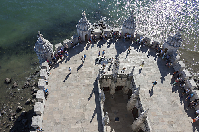 Bel m Tower, Torre de Bel m, view from the top to inner courtyard High angle view of Belem Tower at riverbank, River Tagus, Lisbon, Portugal