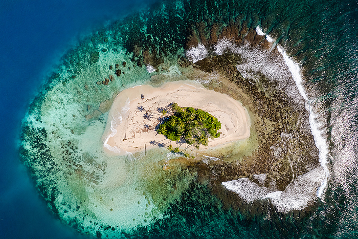 Aerial view of isolated island in remote french polynesia