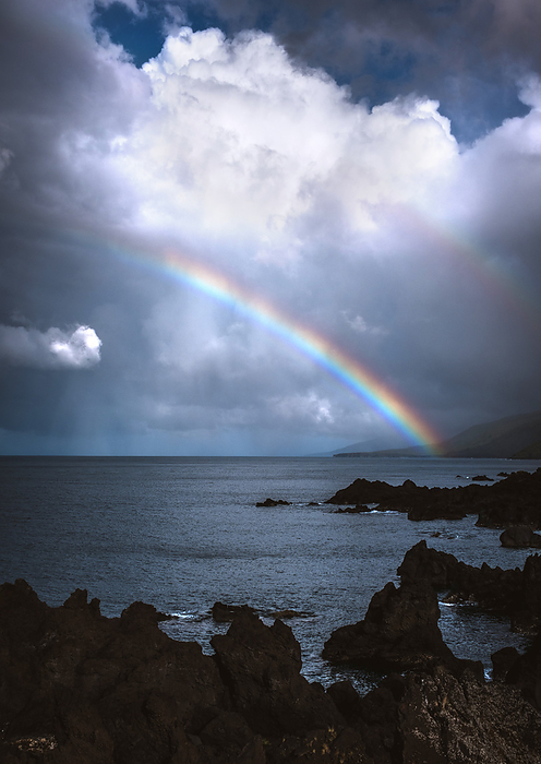 Double rainbow forms over the coast after storm, Pico, Azores