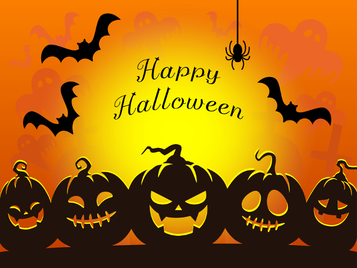 Halloween background with 5 jack-o'-lanterns, horizontal orange letters with copy space