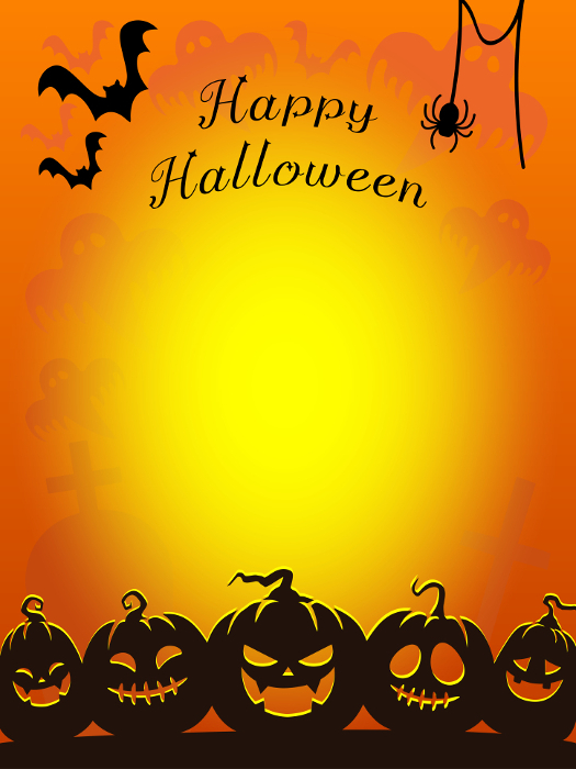 Halloween background, 5 jack-o'-lanterns, vertical with copy space