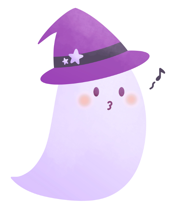 Halloween ghost wearing purple wizard hat and whistling