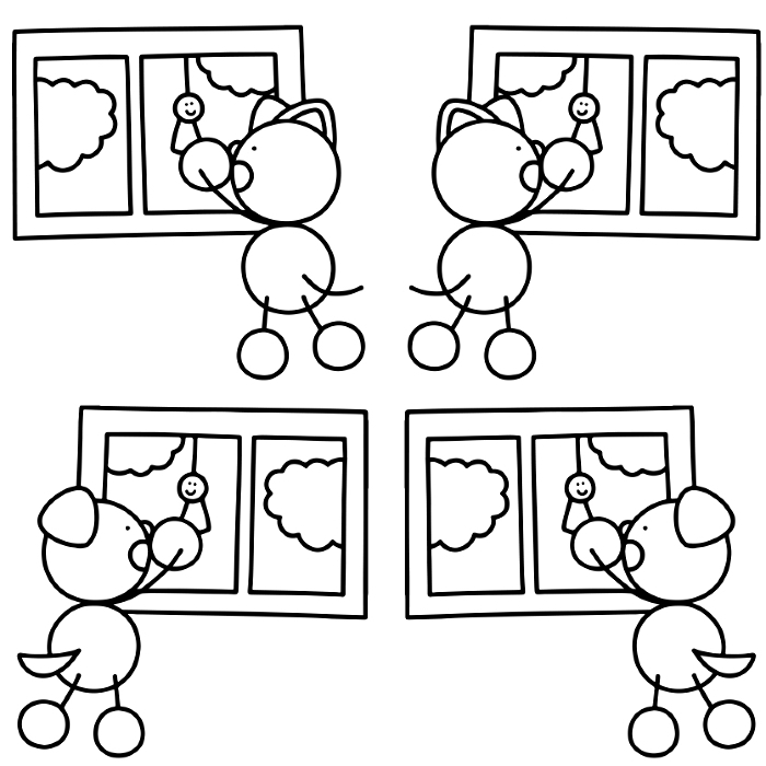Set of line drawings of Wan-maru and Nyan-maru hanging teru teru bozu in the window Dogs Cats
