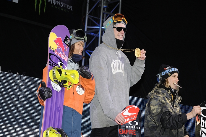 Winter X Games Snowboard Big Air Men Kakuno 2nd  L R  Yuki Kadono  JPN , Max Parrot  CAN , Stale Sandbech  NOR , JANUARY 24, 2014   Snowboarding : 2nd Placed Yuki Kadono of Japan, Winner Max Parrot of Canada and 3rd Placed Stale Sandbech of Norway celebrate on podium after the Winter X Games America s Navy Snowboard Big Air Final in Aspen, Colorado, United States.  Photo by Hiroyuki Sato AFLO 