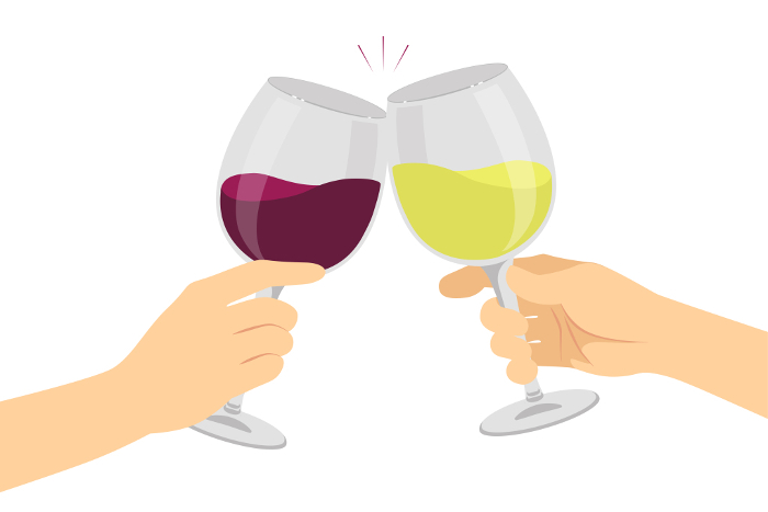 Illustration of a toast with red and white wine