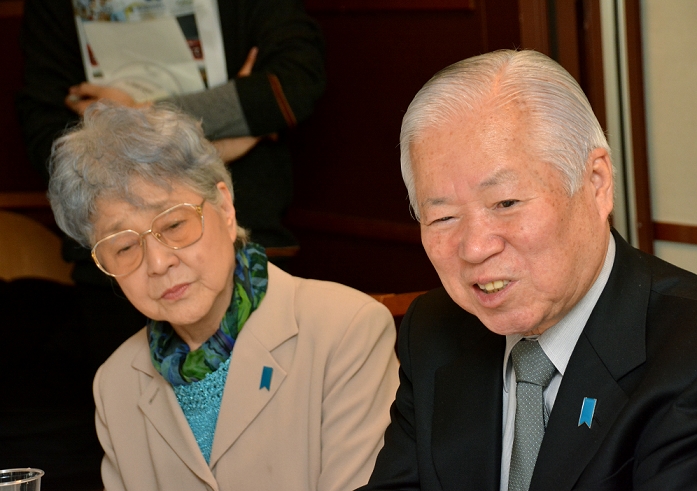 Mr. and Mrs. Yokota meet with Shin Dong Hyuk Defector living in South Korea January 27, 2014, Tokyo, Japan   Shigeru, right, and Sakie Yokota, parents of Japanese abductee Megumi Yokota, meet Japanese media at Tokyo The Yokotas were on hand for a news conference during The Yokotas were on hand for a news conference during which a North Korean defector spoke about his life at a North Korean concentration camp, from which he managed to escape in 2005.  Photo by Natsuki Sakai AFLO  AYF  mis 