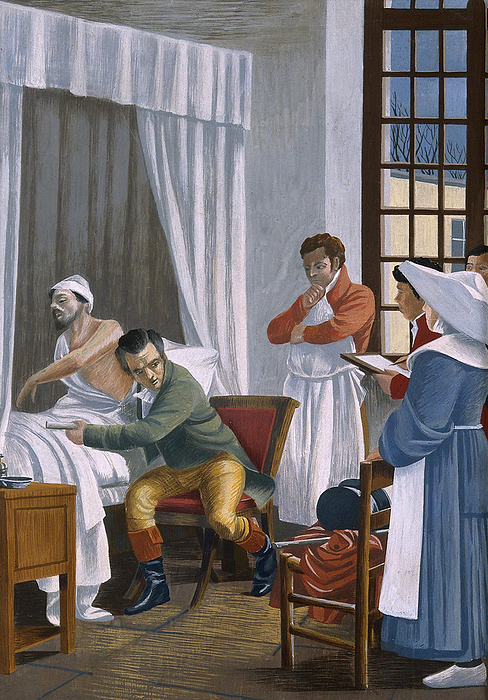 Doctor examining patient with tuberculosis, 19th century illustration Illustration of the French physician, Rene Laennec, examining a patient with tuberculosis in front of students in Paris, France. He is listening to the internal sounds of a patient s body with a stethoscope in hand. Laennec s invention of the stethoscope in 1816 was a significant development in modern medicine. He discovered that using his device was superior to the typical method of placing the ear over the chest. It bears little semblance to the modern stethoscope, consisting of a simple cylinder made from wood and metal. This elementary first design was soon improved, and the stethoscope eventually became the one instrument common to all doctors worldwide. Artwork by Theobald Chartran  1849 1907 ., by WELLCOME IMAGES SCIENCE PHOTO LIBRARY