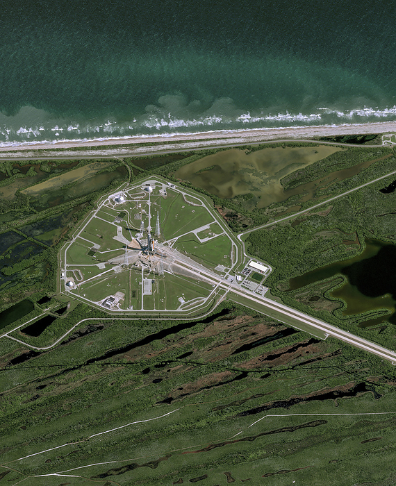 Cape Canaveral Space Force Station, Florida, USA, satellite image Satellite image of Cape Canaveral Space Force Station  CCSFS  in Florida, USA. CCSFS is owned by the U.S. Department of Defense and operated by the U.S. Space Force unit Space Launch Delta 45. The station is the primary launch site for the Space Force s Eastern Range with four active launchpads. Close to the launch complex is a 3000 metre runway used by military aircrafts. Many pioneering space exploration missions were launched from CCSFS including the first US Earth satellite  1958 , the first three man US spacecraft  1968  and the first spacecraft to orbit Mercury  2011 . Image obtained by the Pleiades Neo satellite on 4 November 2022., by AIRBUS DEFENCE AND SPACE   SCIENCE PHOTO LIBRARY