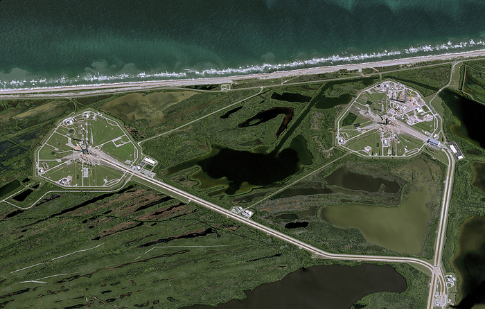 Cape Canaveral Space Force Station, Florida, USA, satellite image Satellite image of Cape Canaveral Space Force Station  CCSFS  in Florida, USA. CCSFS is owned by the U.S. Department of Defense and operated by the U.S. Space Force unit Space Launch Delta 45. The station is the primary launch site for the Space Force s Eastern Range with four active launchpads. Close to the launch complex is a 3000 metre runway used by military aircrafts. Many pioneering space exploration missions were launched from CCSFS including the first US Earth satellite  1958 , the first three man US spacecraft  1968  and the first spacecraft to orbit Mercury  2011 . Image obtained by the Pleiades Neo satellite on 4 November 2022., by AIRBUS DEFENCE AND SPACE   SCIENCE PHOTO LIBRARY