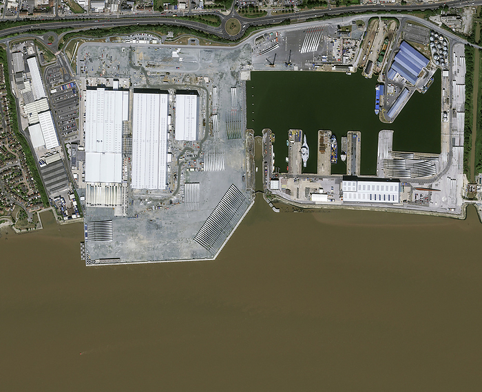 Giant wind turbine factory, Hull, UK, satellite image Satellite image of a giant wind turbine factory in Hull, UK. The giant blades are to be sent to offshore wind farms in the North Sea, 100 kilometres from the coast. They measure 81 metres in length and once erected, the wind turbine will be 205 metres high. In 2021 plans were made to double the size of the manufacturing facilities with an investment of  186 million to be completed in 2023. Image obtained by the Pleiades Neo satellite on 1 August 2022., by AIRBUS DEFENCE AND SPACE   SCIENCE PHOTO LIBRARY