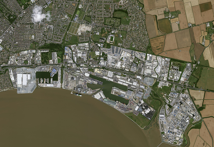 Giant wind turbine factory, Hull, UK, satellite image Satellite image of a giant wind turbine factory  left centre  in Hull, UK. The giant blades are to be sent to offshore wind farms in the North Sea, 100 They measure 81 metres in length and once erected, the wind turbine will be 205 metres high. In 2021 plans were made to double the size of the manufacturing facilities with an investment of  186 million to be completed in 2023. 2022., by AIRBUS DEFENCE AND SPACE   SCIENCE PHOTO LIBRARY