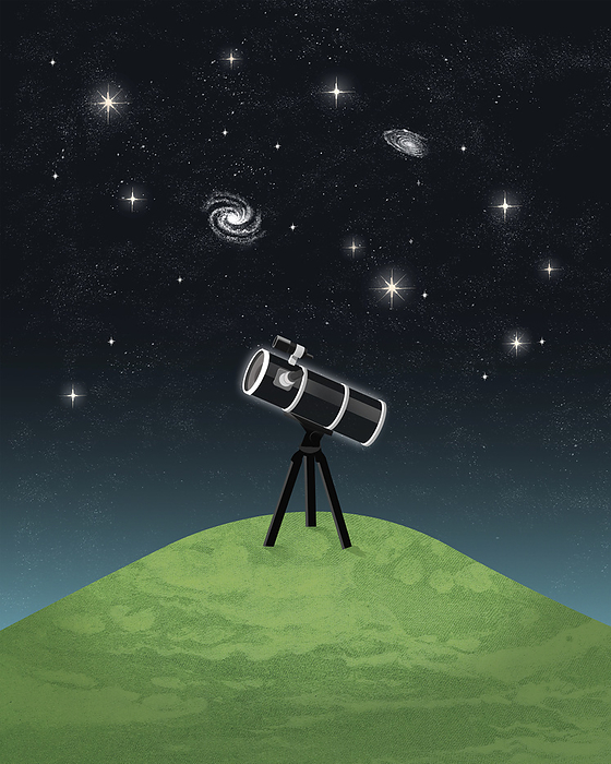 Telescope stars, conceptual illustration Conceptual illustration of a telescope underneath a sky full of stars and galaxies., by SAM FALCONER, DEBUT ART   SCIENCE PHOTO LIBRARY