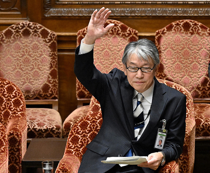 Shinsuke Yamanaka, Chairman of the Nuclear Regulation Authority of Japan  NRA , raises his hand to answer a question from Yasushi Adachi of the Japan Restoration Association at a joint review session of the House of Representatives Committee on Economy, Trade and Industry and Committee on Agriculture, Forestry and Fisheries. Shinsuke Yamanaka, Chairman of the Nuclear Regulation Authority of Japan  NRA , raises his hand to answer a question from Yasushi Adachi of the Japan Restoration Association  JRA  at a joint review session of the Committee on Economy, Trade and Industry and the Committee on Agriculture, Forestry and Fisheries of the House of Representatives, 10:56 a.m., September 8, 2023, in the Diet.